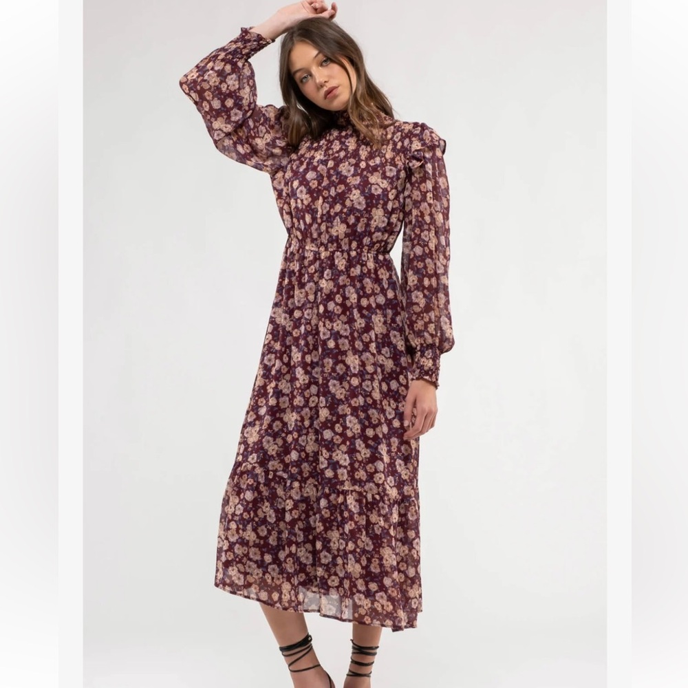 By the river burgundy floral midi dress